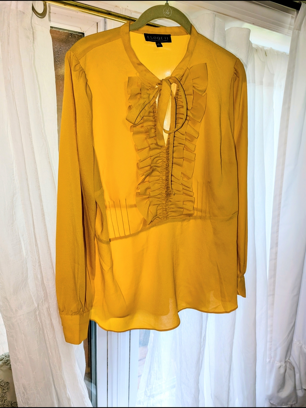 Eloquii Mustard Yellow Women's Front ruffle, neck tie Top- Sz 14